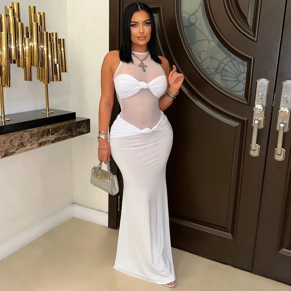 Neue Mode 2025, amerikanische europäische Damen-Kleider, einfarbig, Netzstoff, gespleißt, lässig, trendig, sexy, knöchellang, ärmellos, dünn