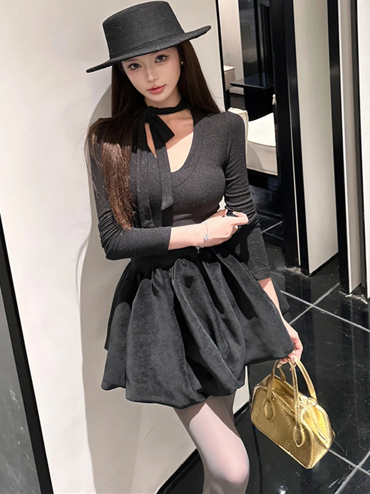 2025 Black Long Sleeve Bow V-Neck Sexy Mini Dress Women Knitted Patchwork Ruffled Prom Dress Autumn Winter Korean Bodycon Dress