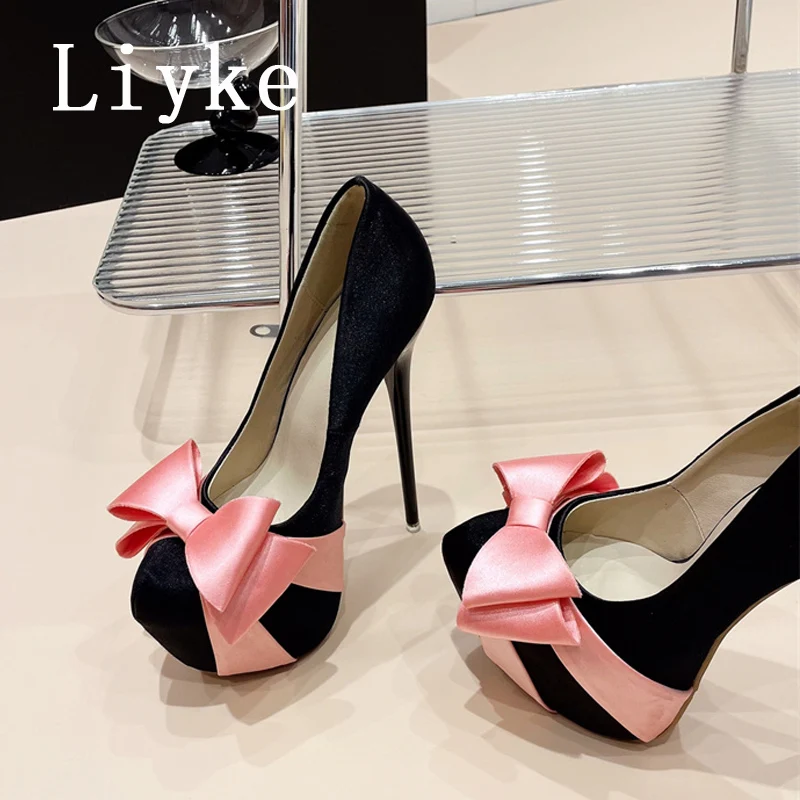 Liyke Sexy Fetish Stripper High Heels Pole Dance Shoes Spring Fashion Pink Silk Bowknot Round Toe Stiletto Women Platform Pumps