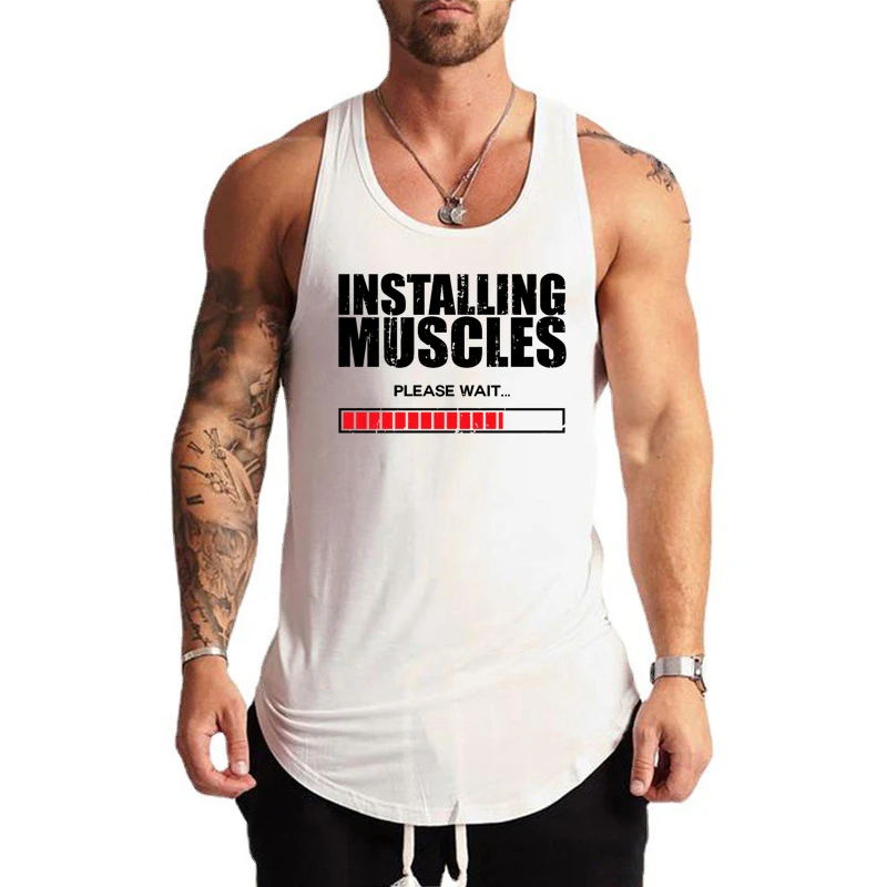 

Installing Muscles Please Wait Print Summer Cotton Breathable T-shirt Gym Fitness Bodybuilding Men's Casual Hip Hop Tank Tops