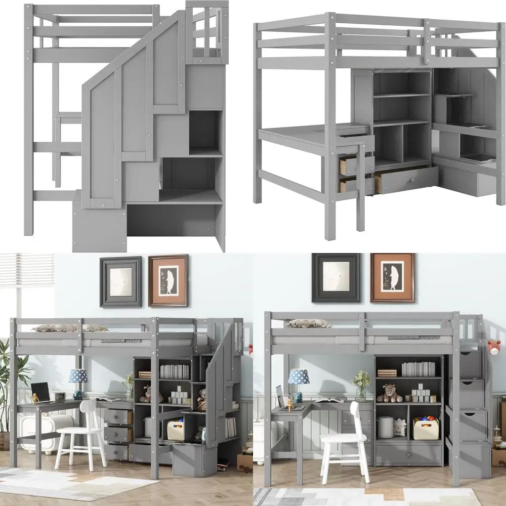 

Grey Full-Size Loft Bed with Stairs, Desk, Storage Drawers, Cabinet, and Guardrails for Kids and Teens