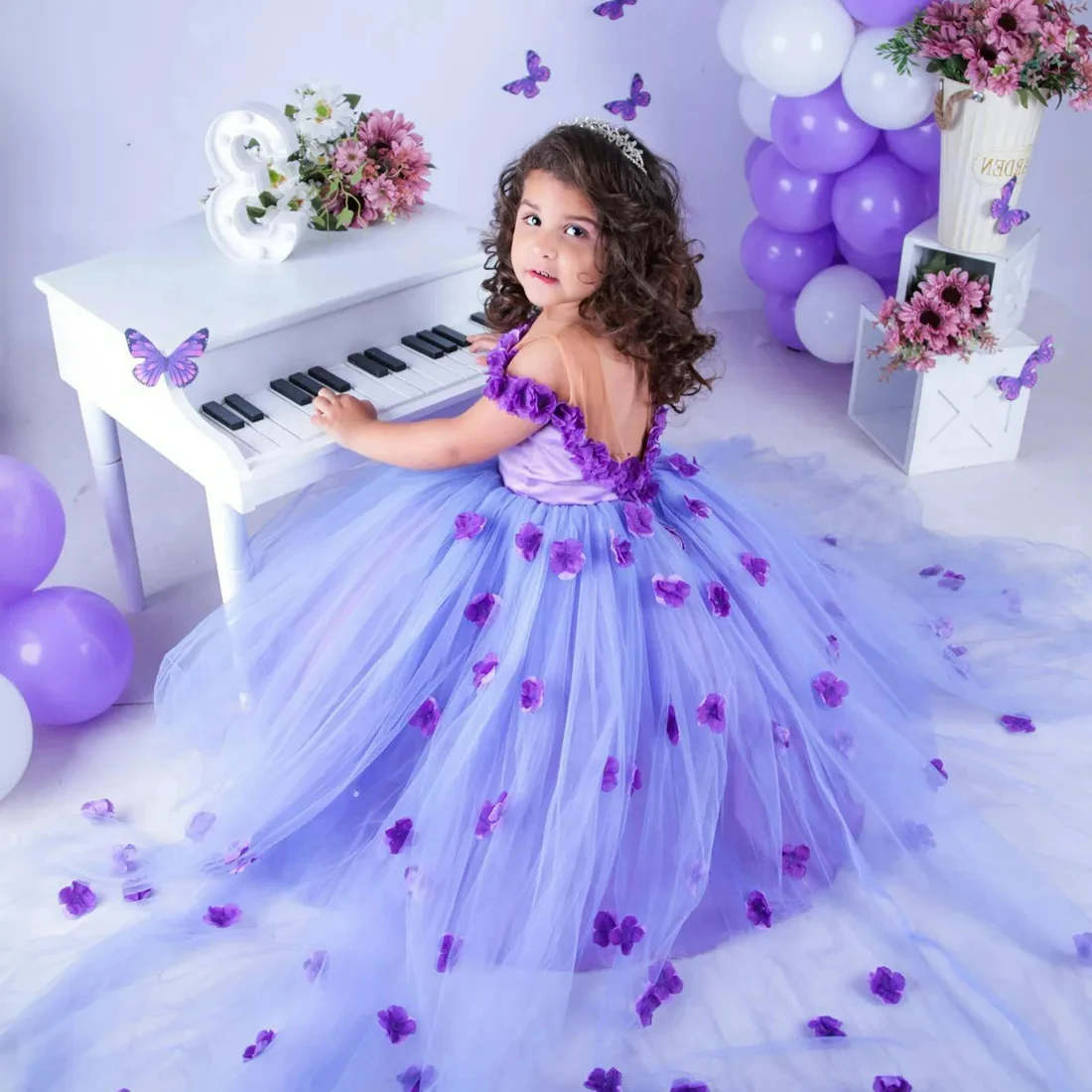 Lovely Purple Flower Girl Dress Wedding Sheer Neck Appliqued Lace Tiered Tulle Princess Little Baby Girls Birthday Party Dress