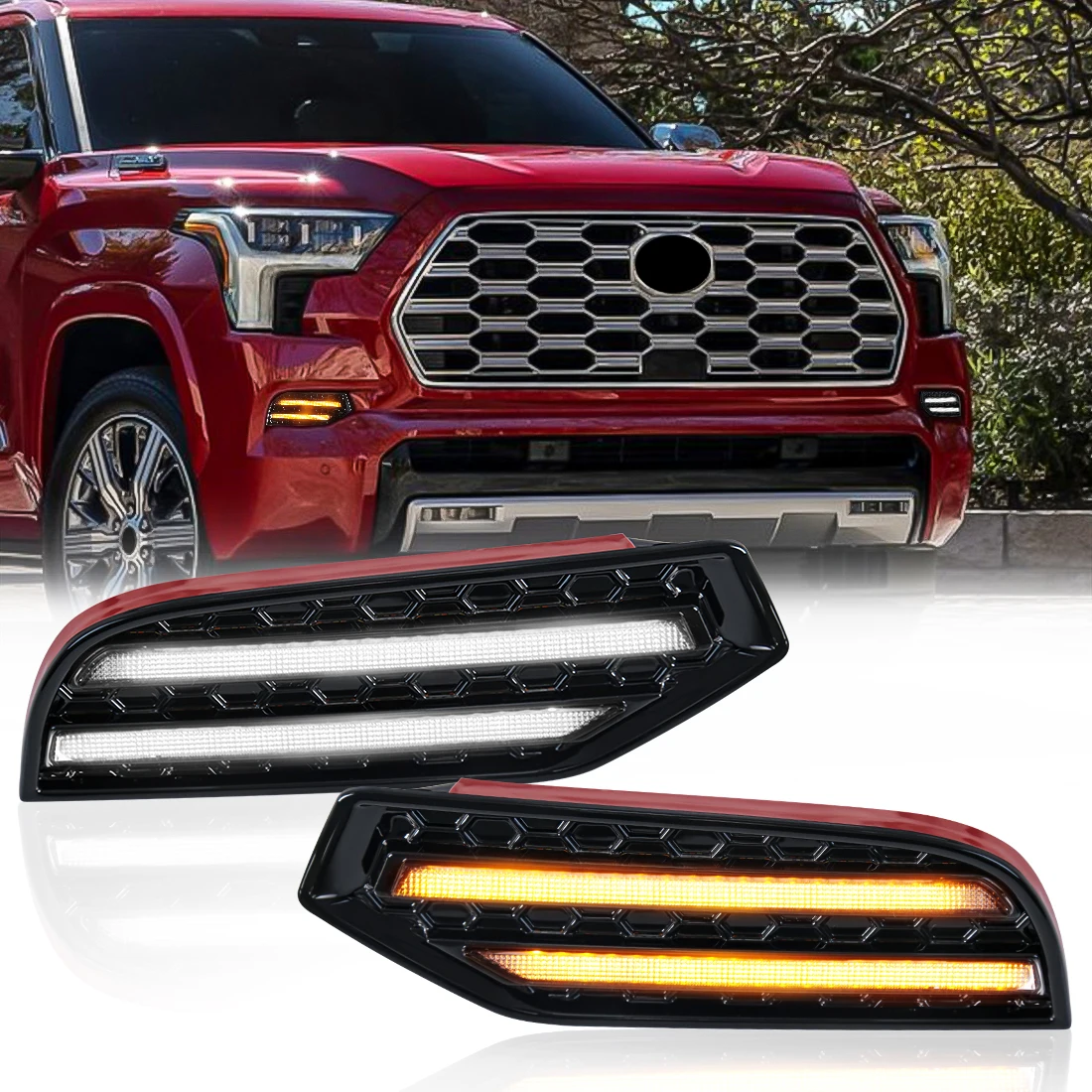 

For Toyota Sequoia 2023 LED DRL Daytime Running Light Front Bumper Lamp Turn Signal Start-Up Animation Fog Lamp Car Accessories