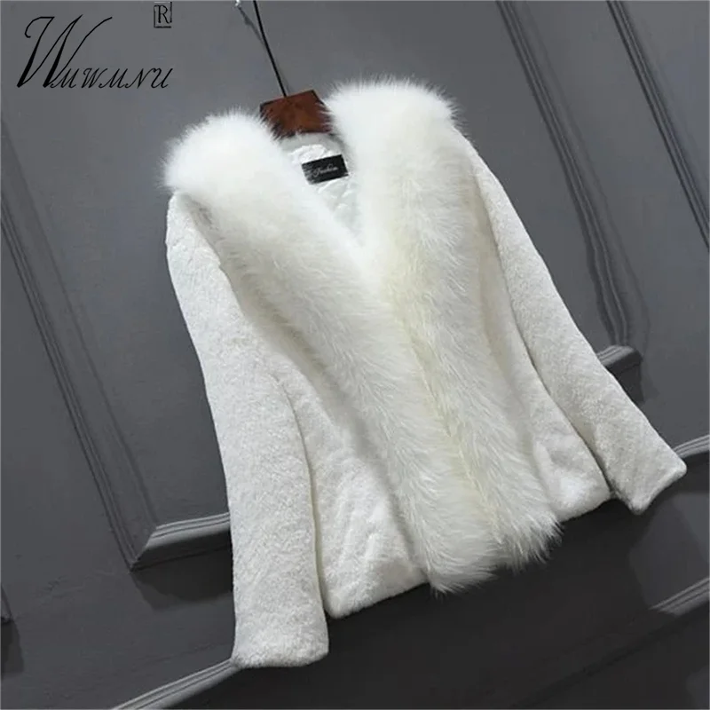 

Luxury Faux Fur Collar Winter Coats Thicken Warm Furry Jacket Elegant Slim Rabbit Jaqueta Korean Women Plush Short Chaquetas