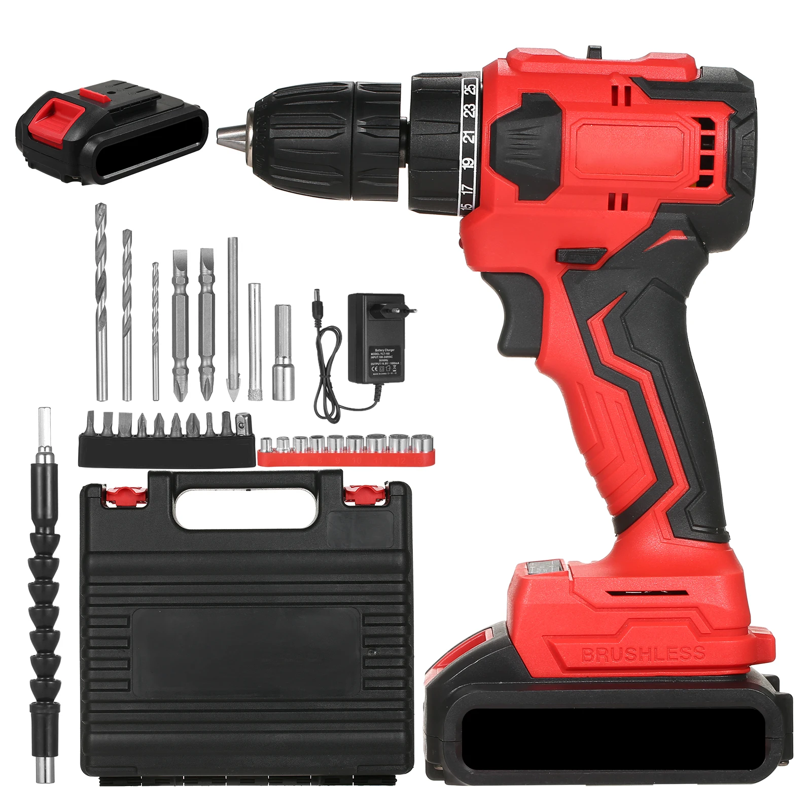 21V Brushless Electric Drill Set 80N.m 3/8in Chuck Heavy Duty Lithium  Drill Power Screwdriver with Bits Sleeves Extension Shaft