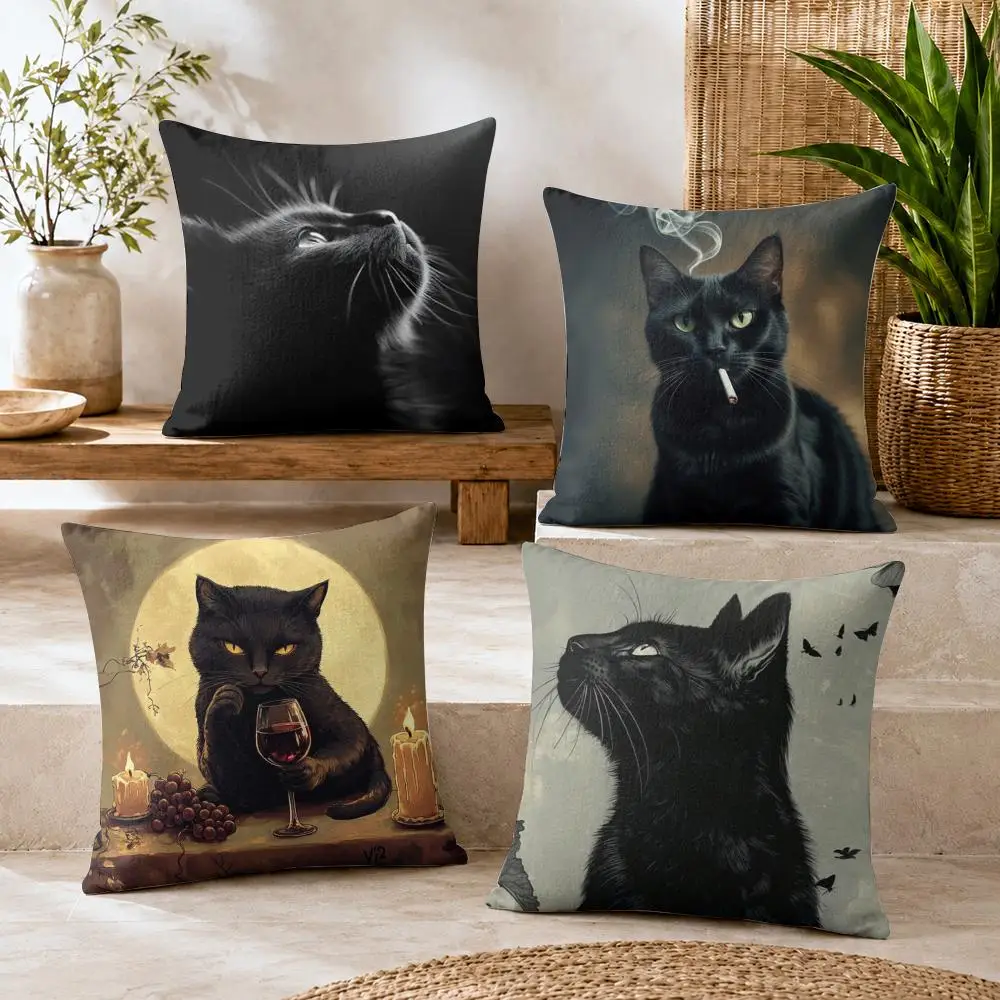 Shadow Cat Cushion Cover Summer Coolness Linen Organic Fabric Sofa Pillow Case Double-Sided Printing Home Decor