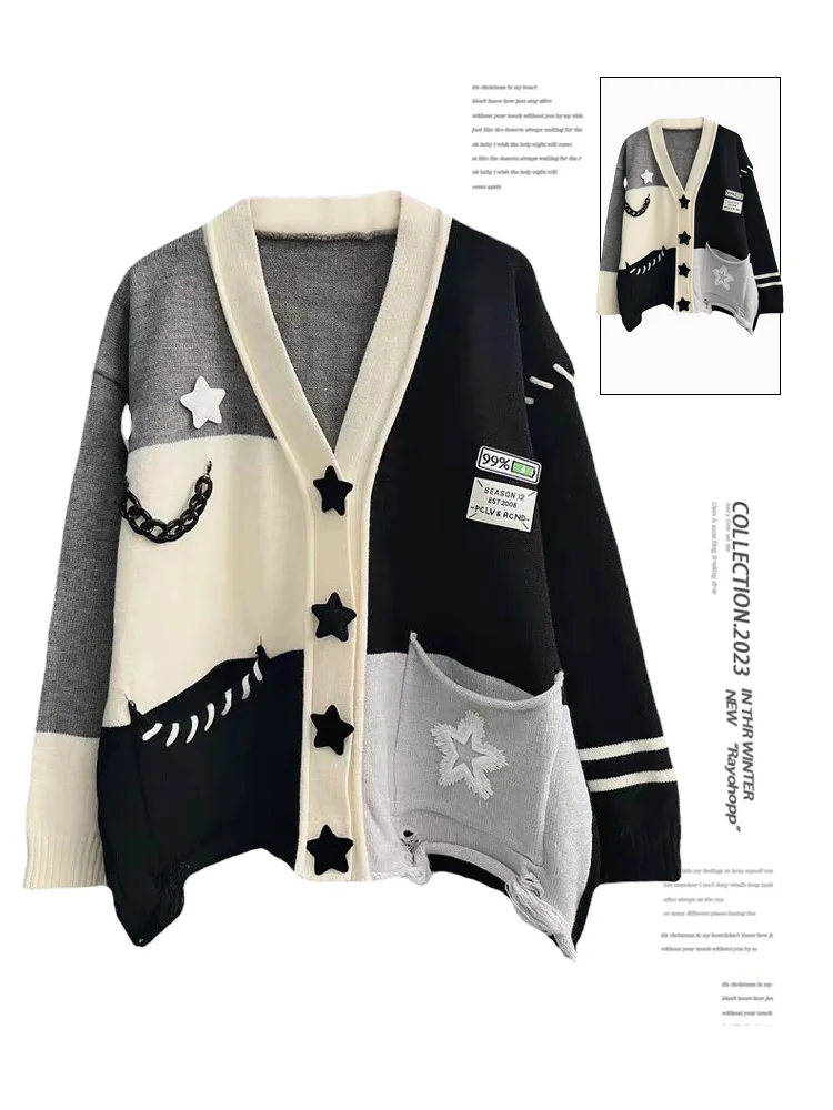 Women\'s Patchwork Cardigan Knitted Sweater Harajuku Y2k Long Sleeves Oversize V-Neck Sweater Jumper Vintage 2000s Clothes Autumn