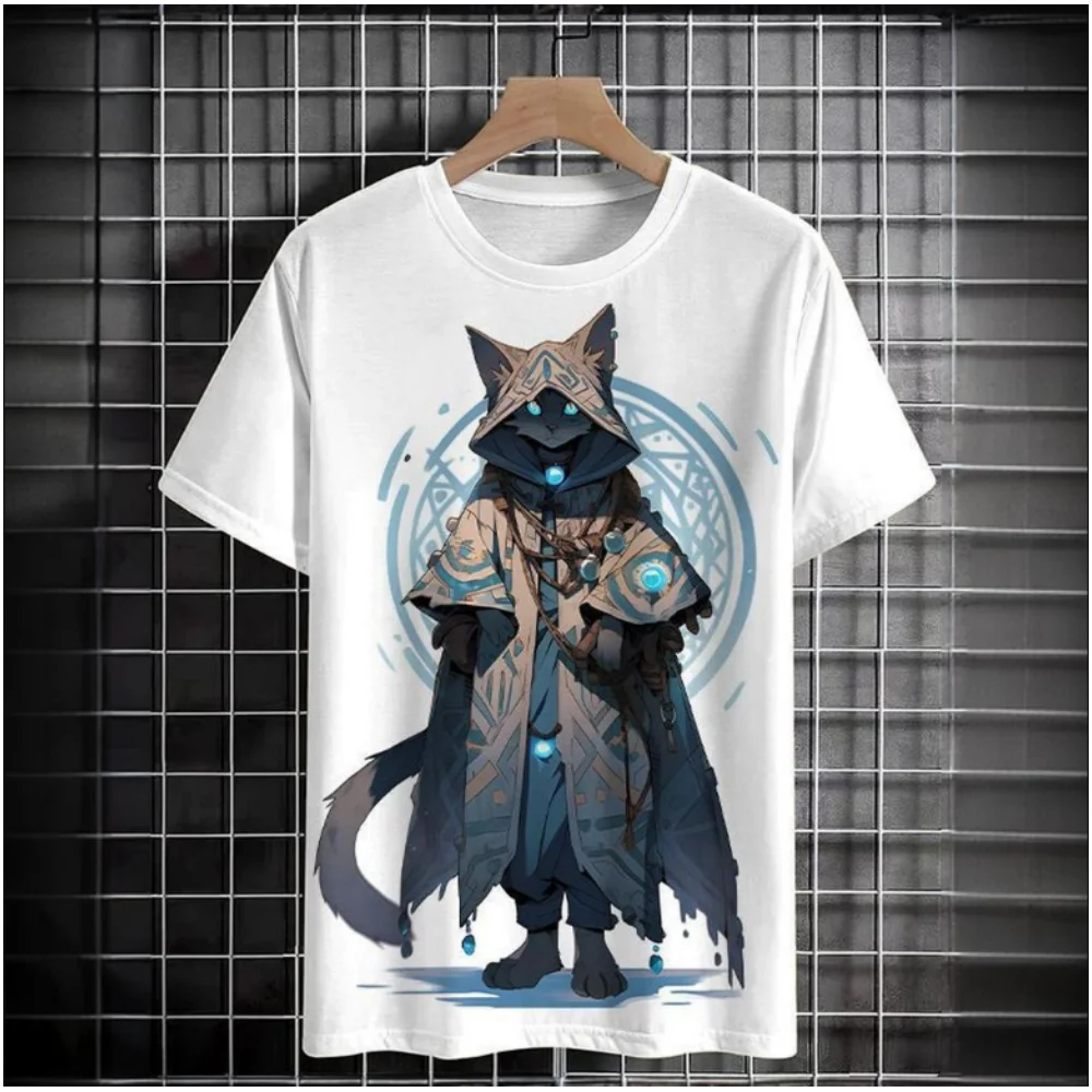 Japanese Style T-Shirt For Men Cat Graphic 3D Print T-Shirts Casual Short Sleeved Tees Oversized Men's Clothing Tops Streetwear