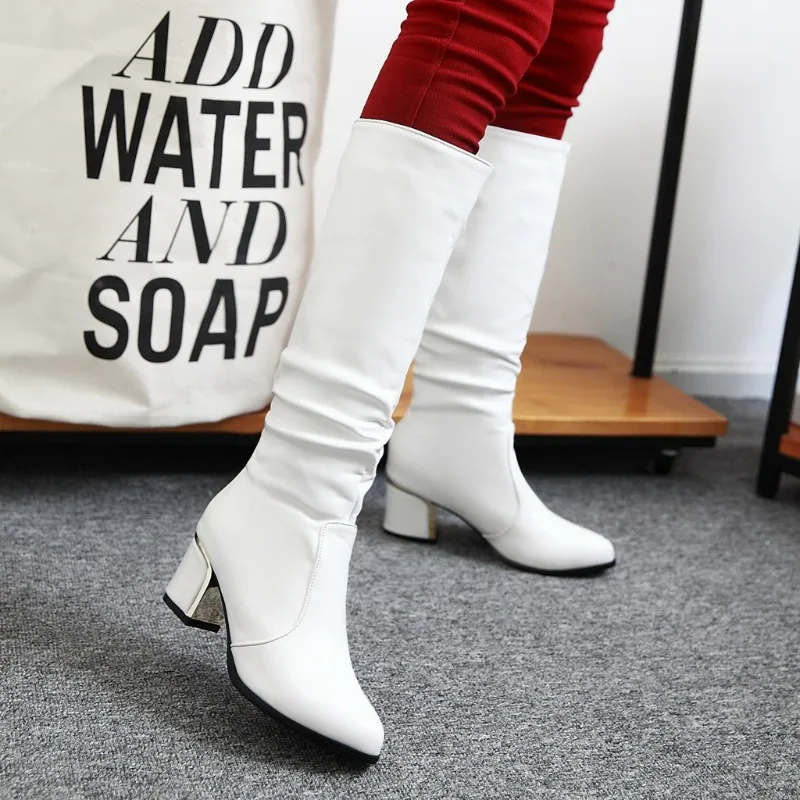 5.5CM White Motorcycle Knee Boots Leather Comfortable Coarse Following Round Toe Slip on Women Boots Minimalist Warm Shoe Winter