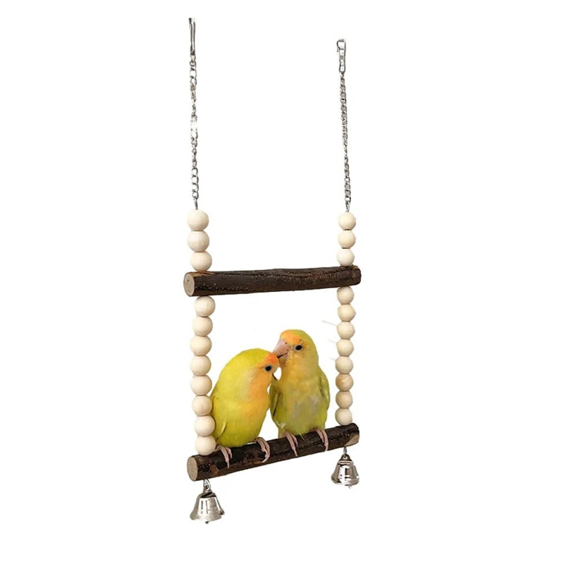 Bird Swing For Two Birds, Wooden Bird Swing With Bell Toy, Hanging Swing, Seat Swing For Small Birds And Parrots (15Cm)