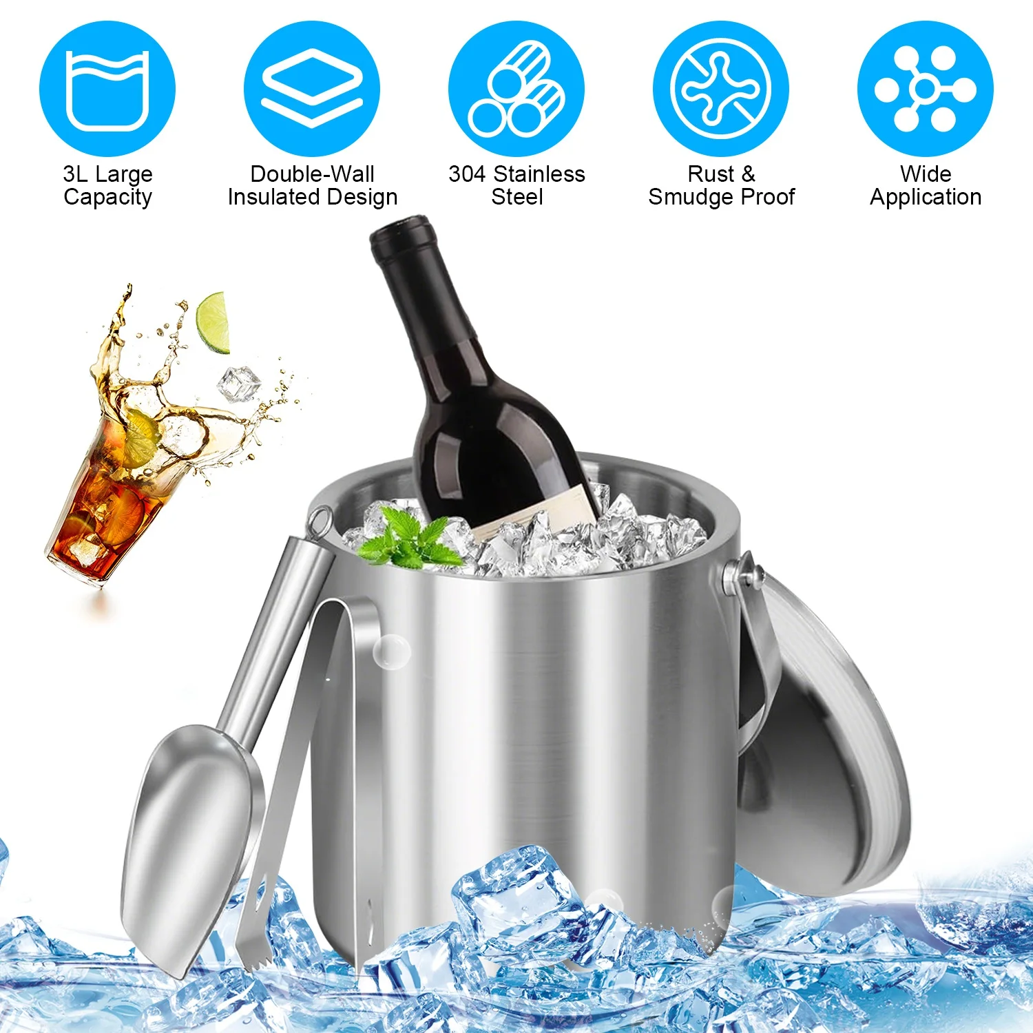 

3L Double-Wall Stainless Steel Insulated Ice Bucket with Lid, Scoop & Handle, for Wine, Champagne & Parties