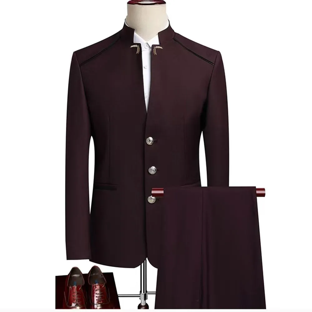 2025 Men's Slim Fit 2 Piece Suit Solid Standing Collar Single Button Suit Jacket Pants Set Tuxedo for Prom