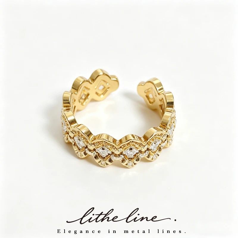 Litheline 18K Gold Plated Brass Openwork Clover Ring, CZ Inlaid Lead-free Nickel-Sensitive Piercings Friendly Daily Jewelry