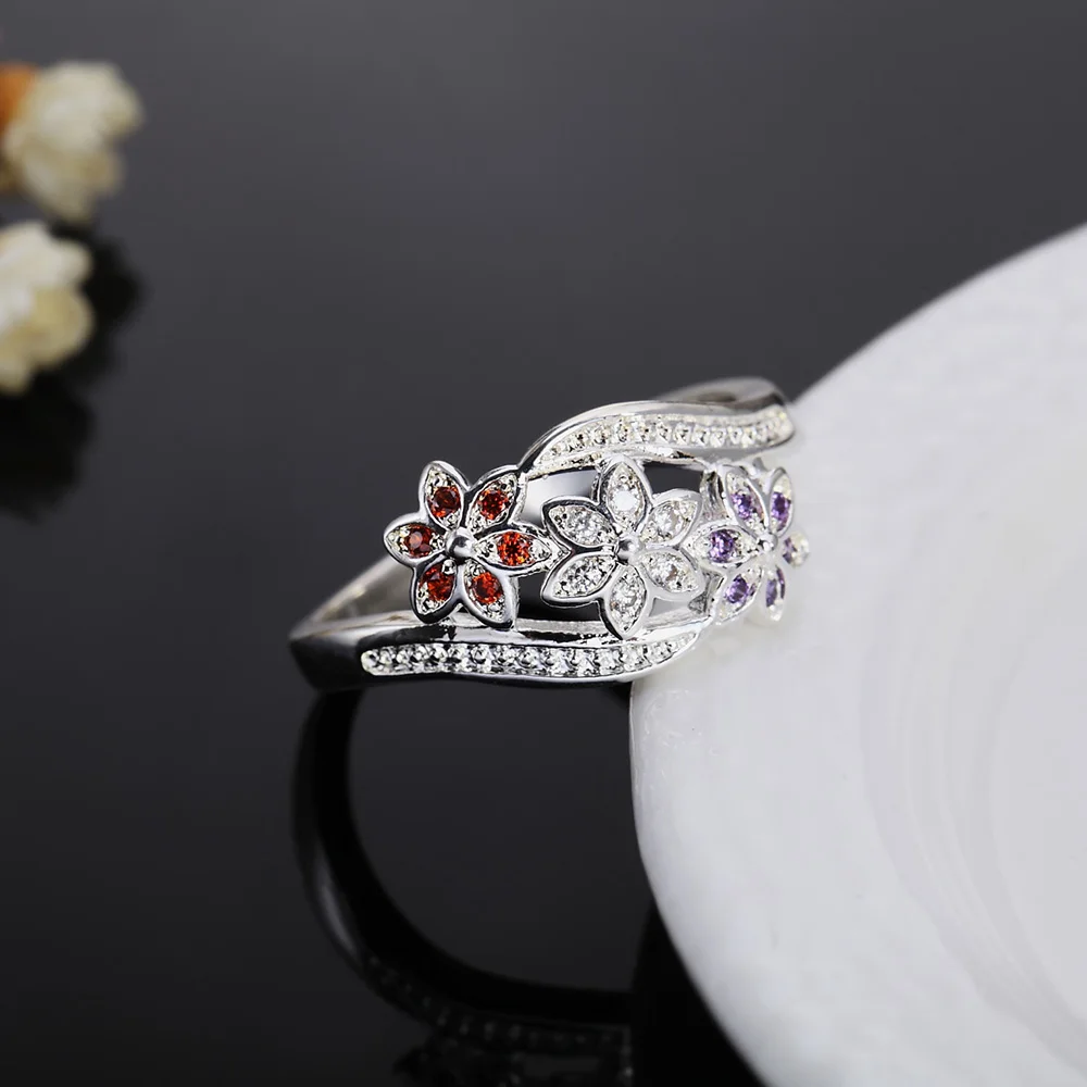 Popular Brands 925 Sterling Silver Color Crystal Flower Rings For Women Size 6-9 Charms Party Wedding Accessories Gift Jewelry