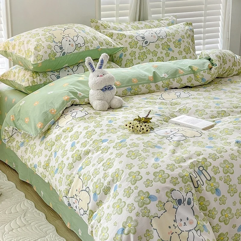 

Ins Style Cotton Bedding Set Soft Flat Bed Sheet Duvet Cover Pillowcase Floral Rabbit Boys Girls Home Textile Bedclothes