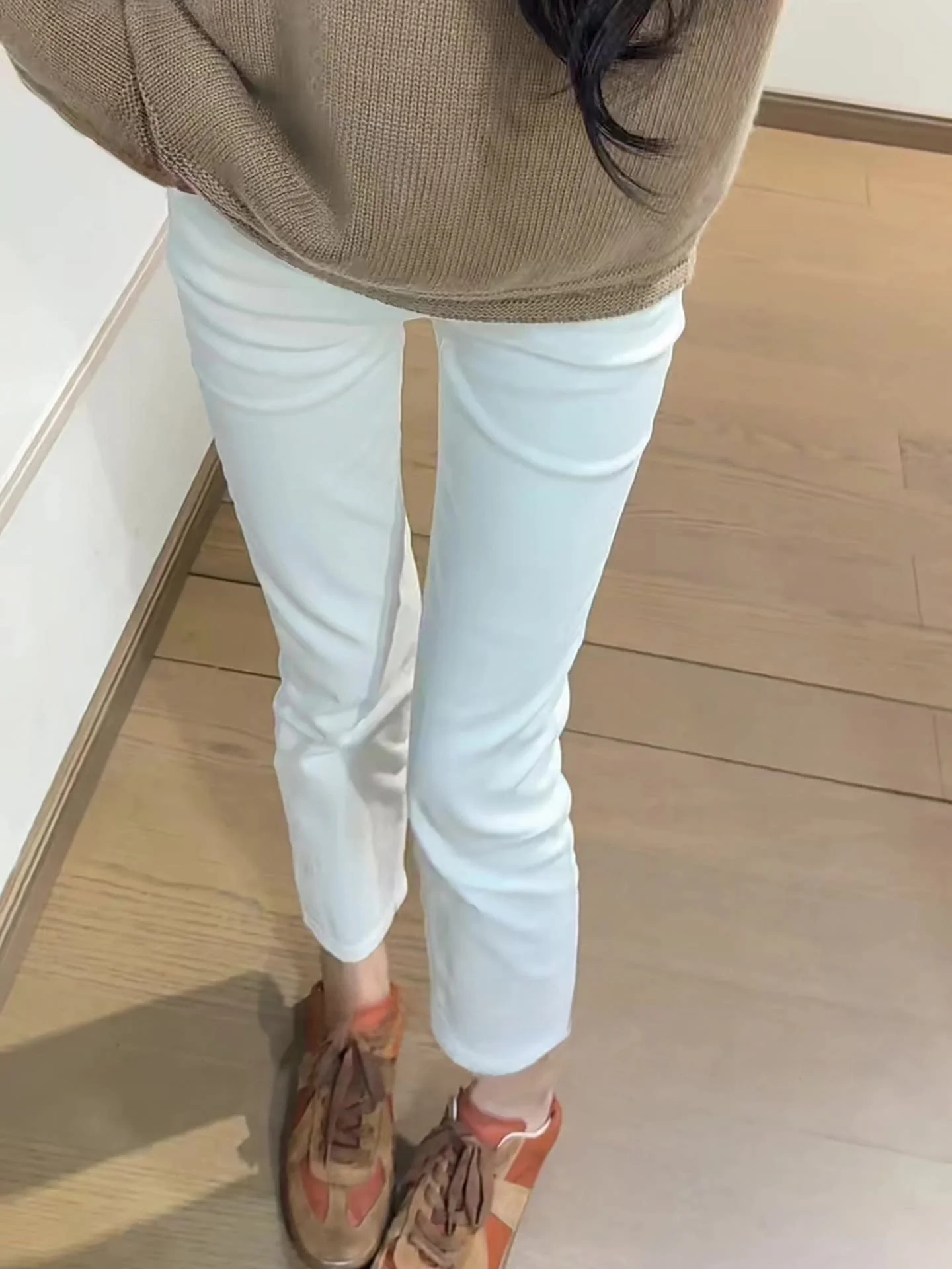 

Джинсы с высокой талией и прямыми штанинами для женщин, облегающие, укороченные, с подкладкой на бедрах, базовые, универсальные, из хлопкового стрейч-денима