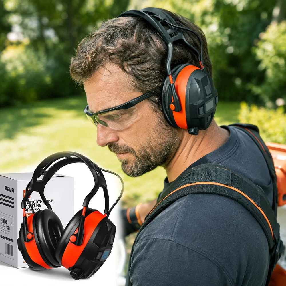 bluetooth対応聴覚保護fmラジオイヤーマフ-29dbノイズリダクション-2000mah充電式-36時間稼働-芝刈り作業場-雪かき作業用