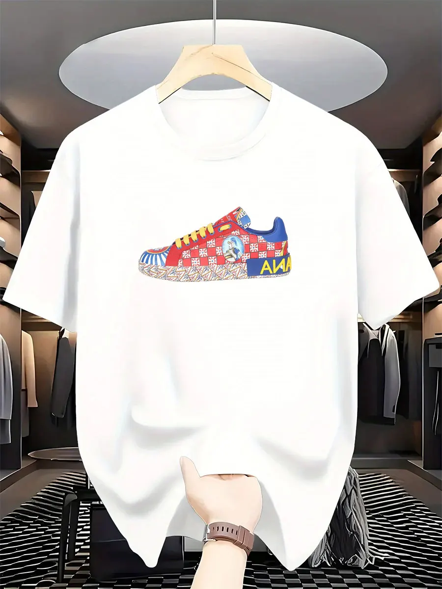 Summer 2026 men's new luxury fashion international brand trendy shoes printed T-shirt, pure cotton round neck casual urban Y2K