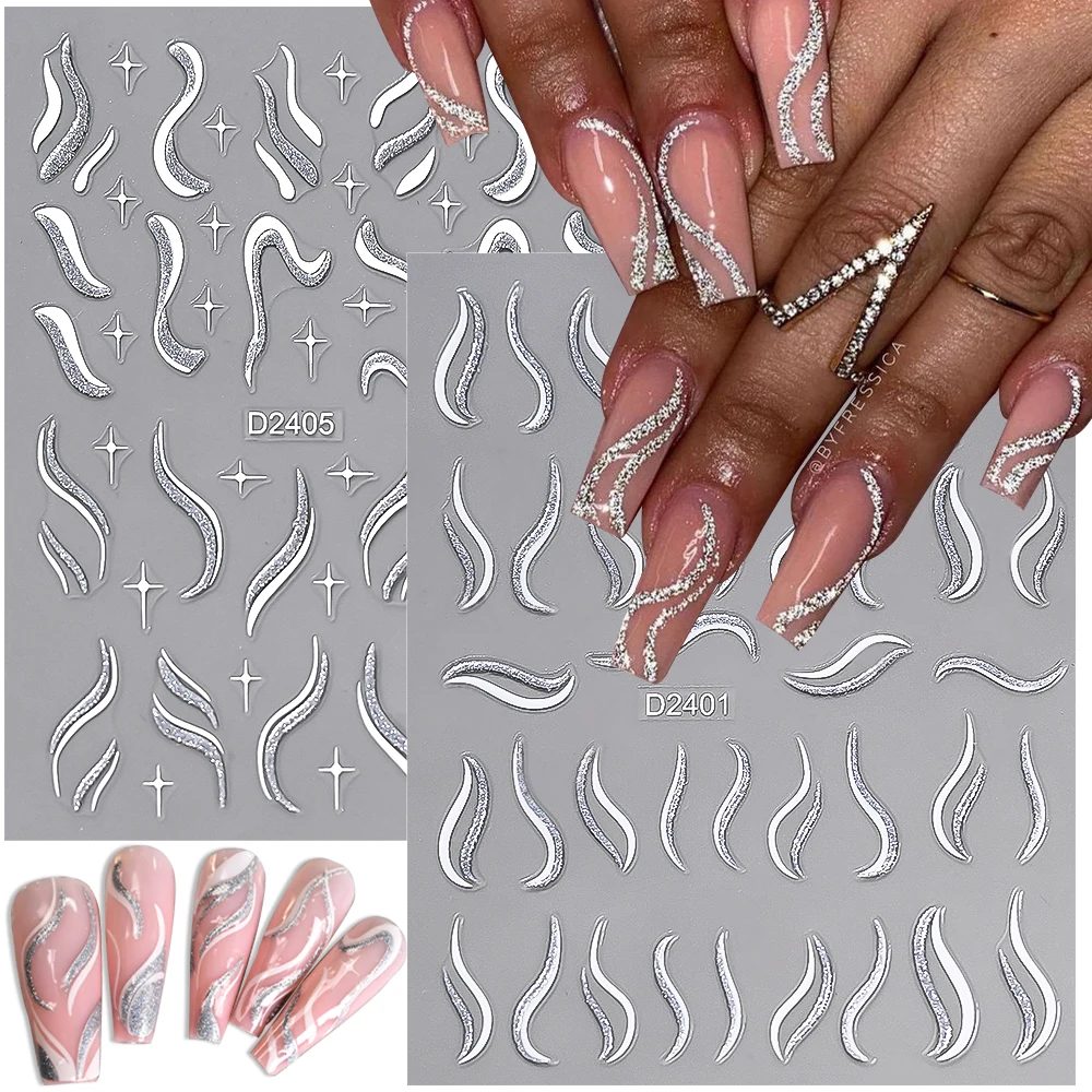6 Pz/set 10*8 cm 3D Argento Glitter Linea Francese Unghie Adesivi Riflettenti Linea Onda Irregolare Idee Decalcomanie Per Unghie Manicure FAI DA TE Decor