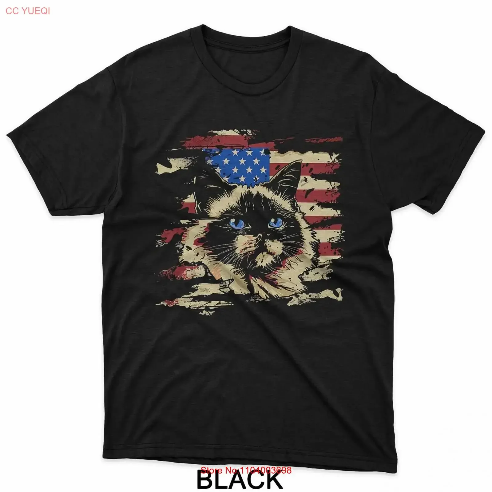 

Blue Eyed Patriotic Cat Vintage American Flag Rustic Art T Shirt vintage Washed Casual Unisex fashion Soft designer clothes
