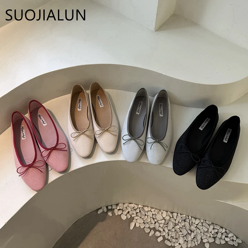 SUOJIALUN Spring New Brand Women Flat Shoes Fashion Round Toe Shallow Slip On  Ballerinas Shoes Soft Flat Heel Dress Ballet Shoe