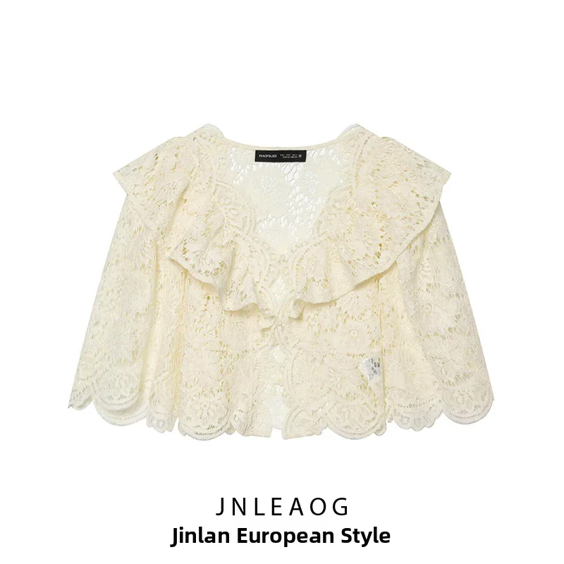 

JNLEAOG Summer New Women's Lace Design Sensation Gored Shirt European Style Polyester Short Length Long Sleeve Blouse