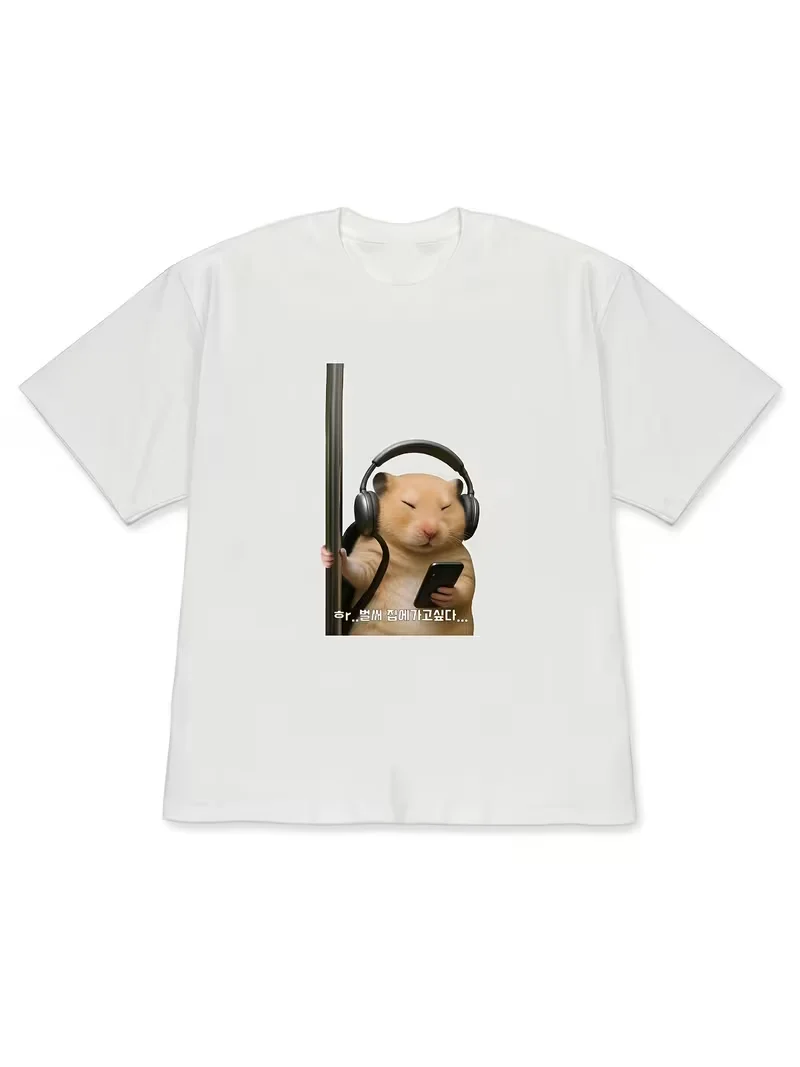 Funny Meme Hamster with Headphone Print T-Shirt Korean Kawaii Y2k Short Sleeve Casual Clearance Sales for Woman Promo Clothing
