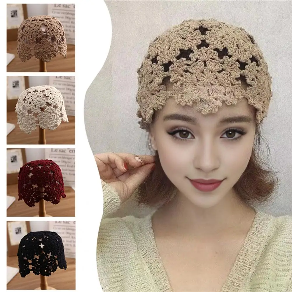 Women Knitting Hat Hollow Crochet Flower Pattern Hat Breathable Handcrafted Hat Outdoor Work Street Wear Knitted Cap