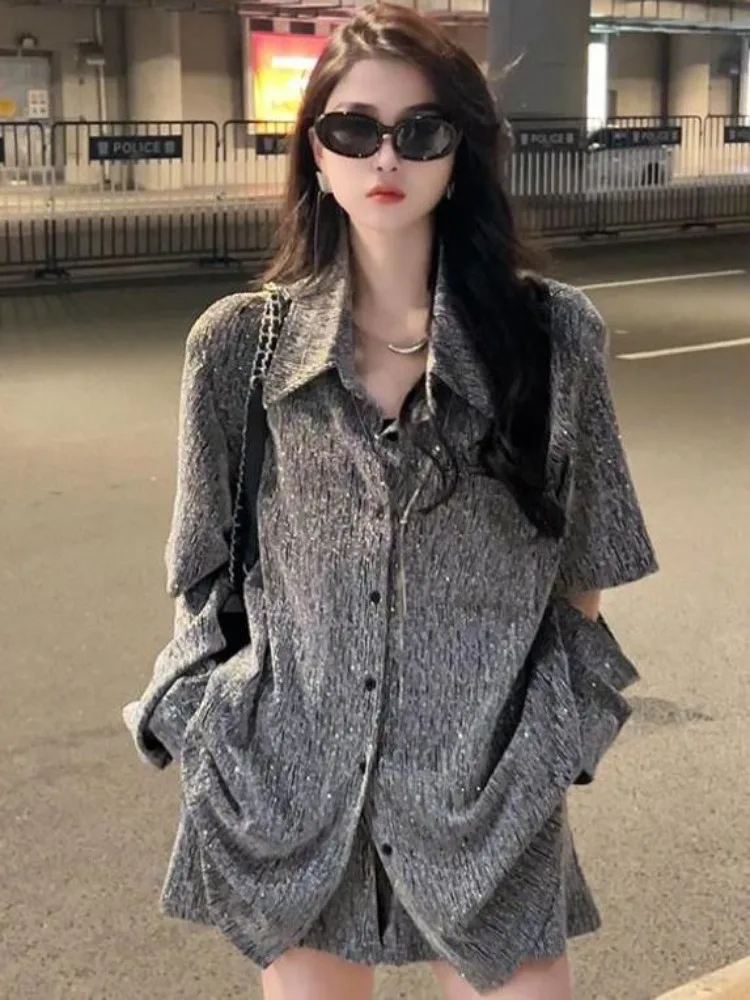 

GRUNGE Summer Shiny Sparkling Gilding Hot Drill Broken Sleeves Shirt Fashion Loose Fitting Coat Wide Legs Shorts Two Piece Set