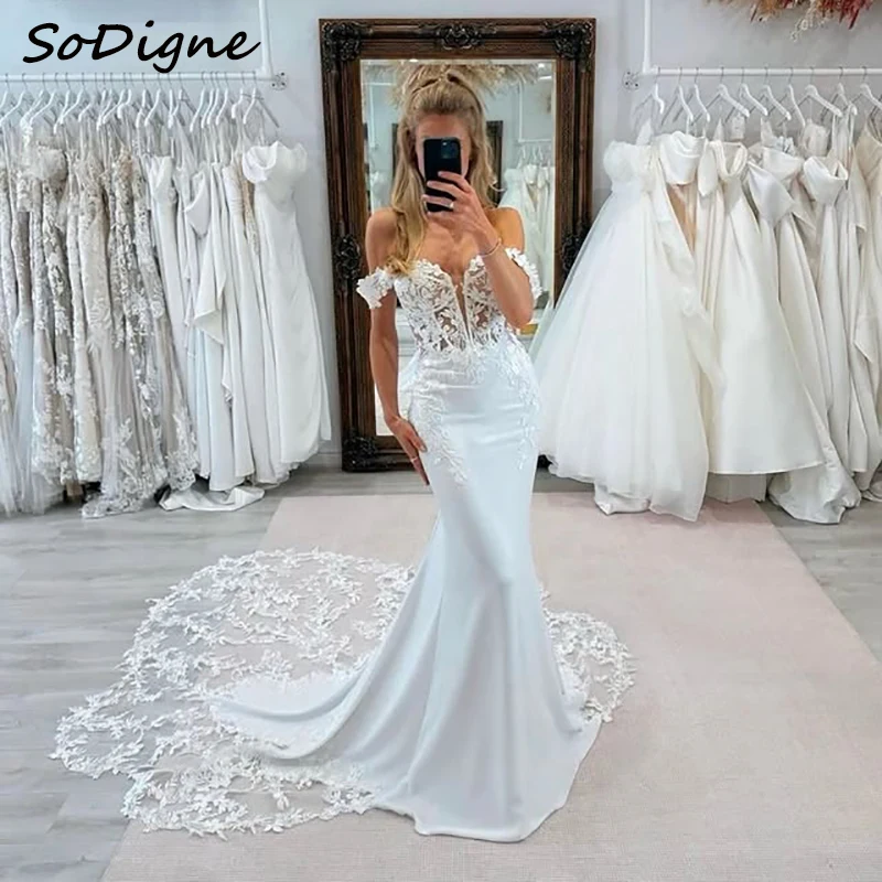 

SoDigne Mermaid Satin Wedding Dresses Off Shoulder Appliques Bridal Dress Elegant Wedding party Gown Robe De Mairee ﻿Customized