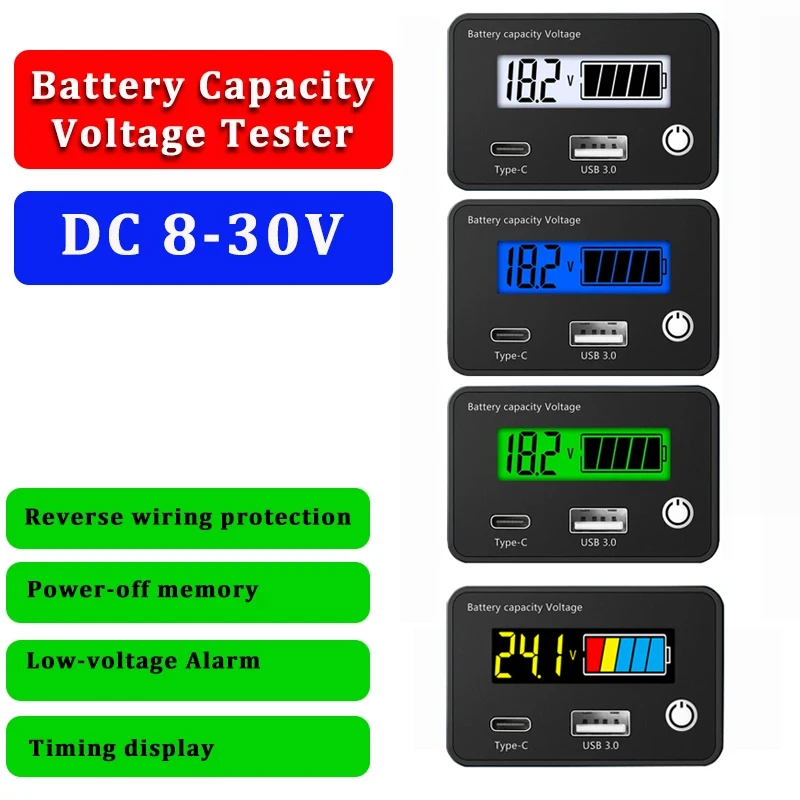 Imagem -02 - Tensão Capacidade Nível Indicador Tester Medidor Voltímetro Usb Tipo-c Car Charger 12v 24v Li-ion Chumbo-ácido Lifepo4 Bateria Qc3.0