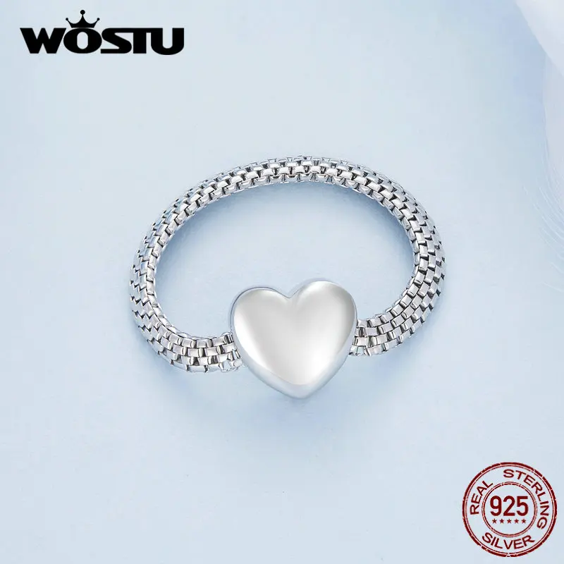 WOSTU Solid 925 Sterling Sivler 9MM Big Heart Watchband Chain Rings For Women Lovely Girl Heart-shaped Watch Link Ring Jewelry