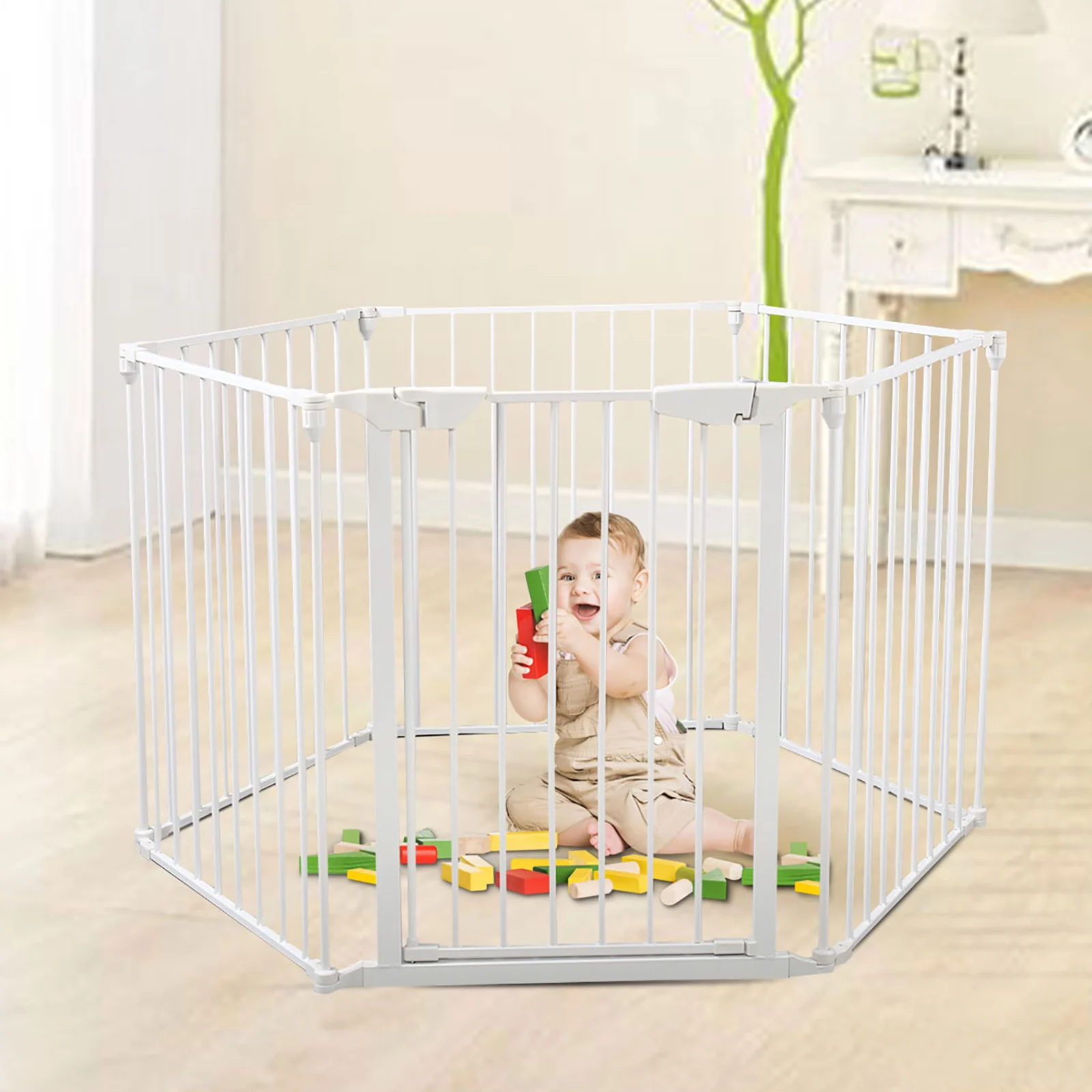 6-Panel Metal Baby Playpen Fireplace Safety Fence w/ Walk-Through Door in 2 Directions, 5-in-1 Extra Wide Barrier Gate for Indoo