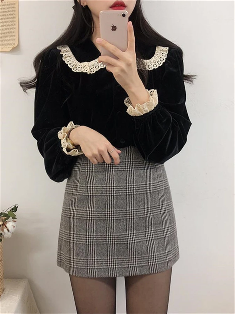 Alien Kitty Black Shirts High Quality Velvet Lace 2022 Hot Sale Fashion Office Lady Full-Sleeved Blouses