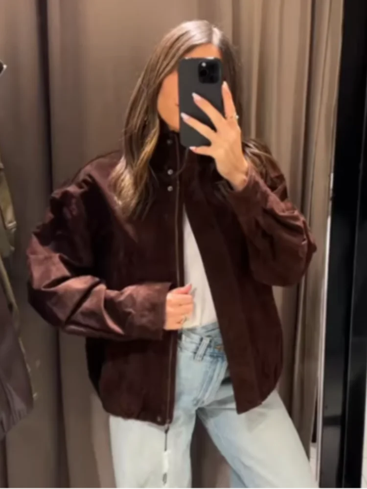 Chaqueta corta de ante azul Vintage para mujer, abrigos Bomber elegantes de manga larga con solapa y cremallera, prendas de vestir exteriores elegantes para ir al trabajo en la calle para otoño