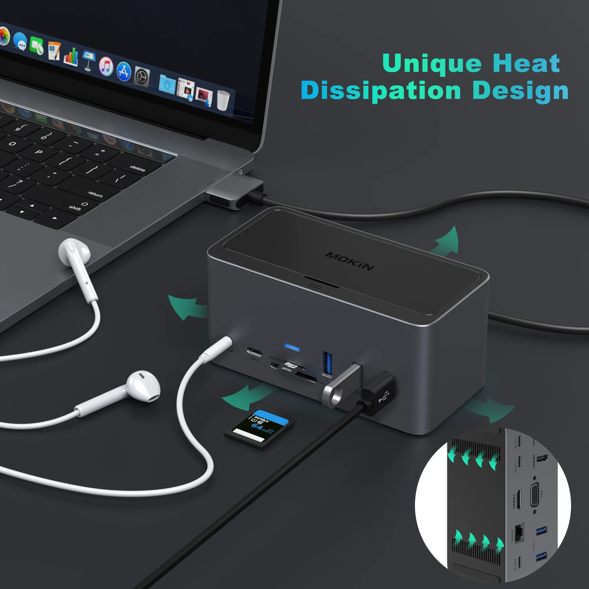 Imagem -03 - Mokin 16 em Docking Station para Macbook Air Pro Ipad Thunderbolt Laptop Usb2.0 Hdmi 4k30hz pd 100w Rj45 1gbps Áudio