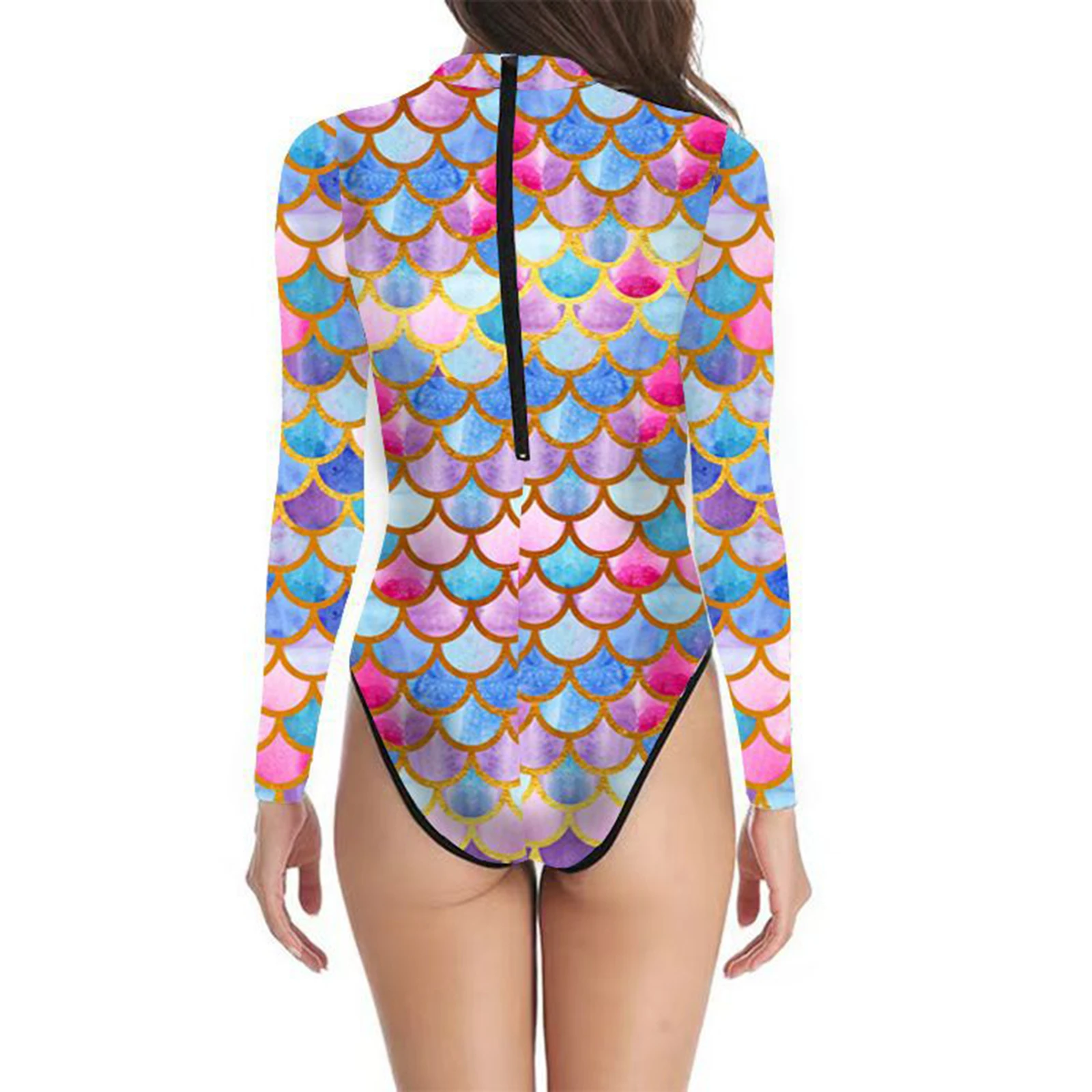 

Women One-piece Swimwear Long Sleeve Fish Scale Print Mermaid Swimsuit Pool Party Beachwear Surfing Rashguard Bathing Suit 2024