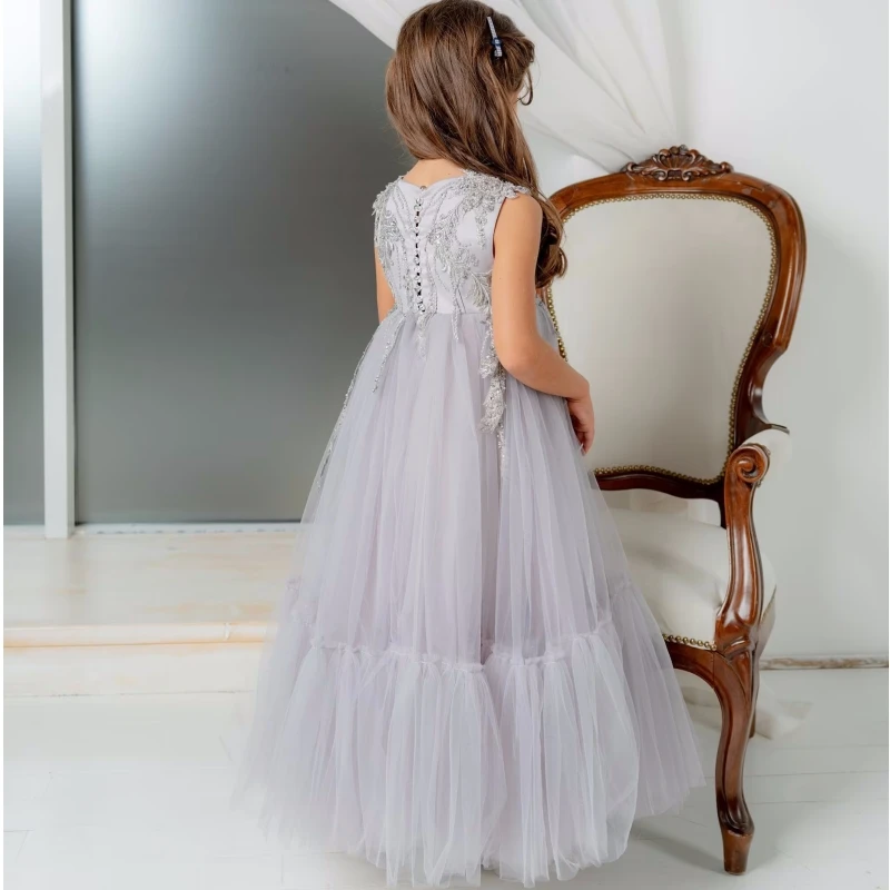 Gray And Blue Flower Girl Dresses Tulle Puffy Appliques Sleeveless For Wedding Birthday Party First Communion Gowns