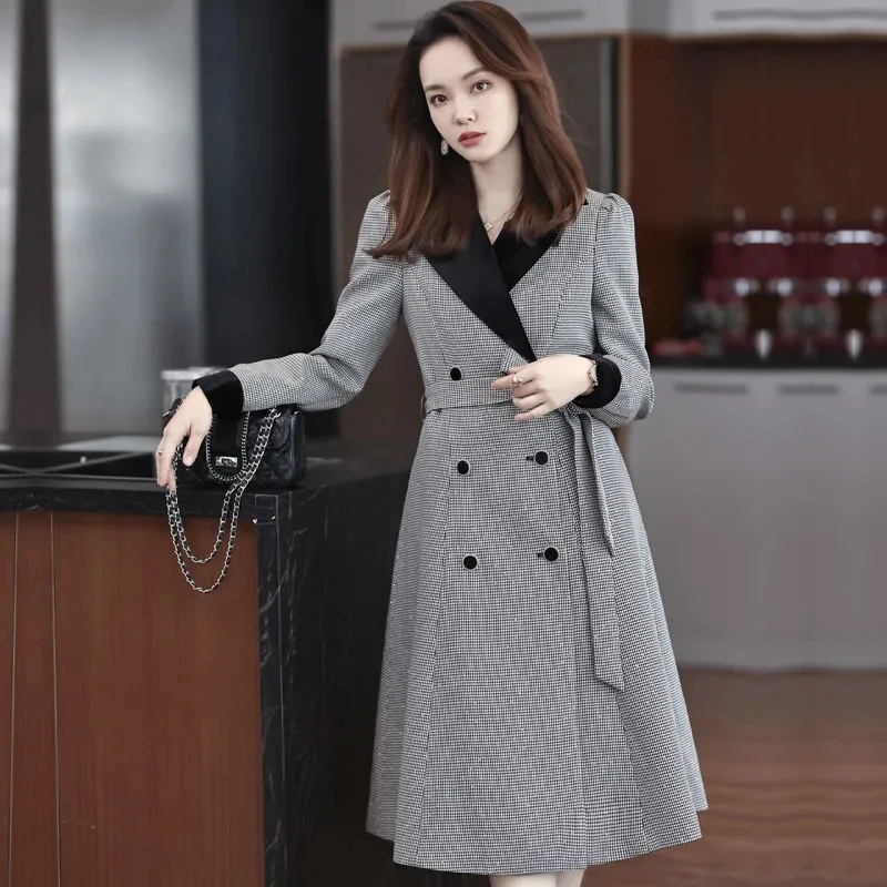 

Lattice Trench Coat Women 2023 Autumn Winter New Retro Slim All match Windbreaker Jacket Female Casual Large Size Long Ouerwear