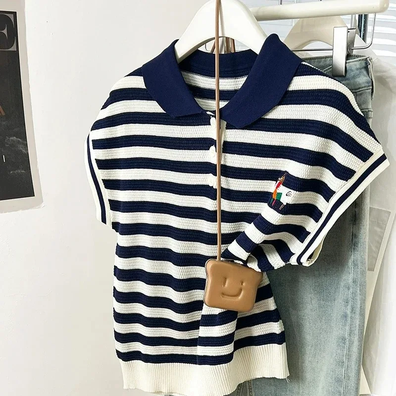 

Summer Women's Striped Knit T-Shirt, Contrast Color Loose Fit Short Sleeve Top, Fashion Spliced Polo Neck Sweater