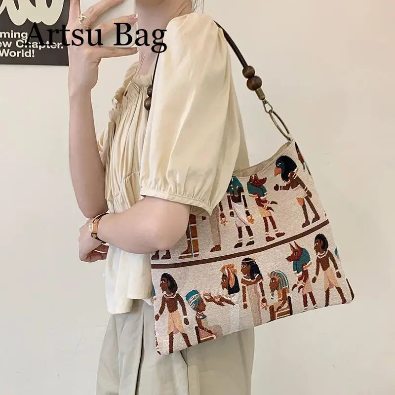 

Retro Pharaoh Jacquard Commuting Fashion Women Tote Bag 2024 New Wide Casual Shoulder Bag Large Capacity Underarm Bag