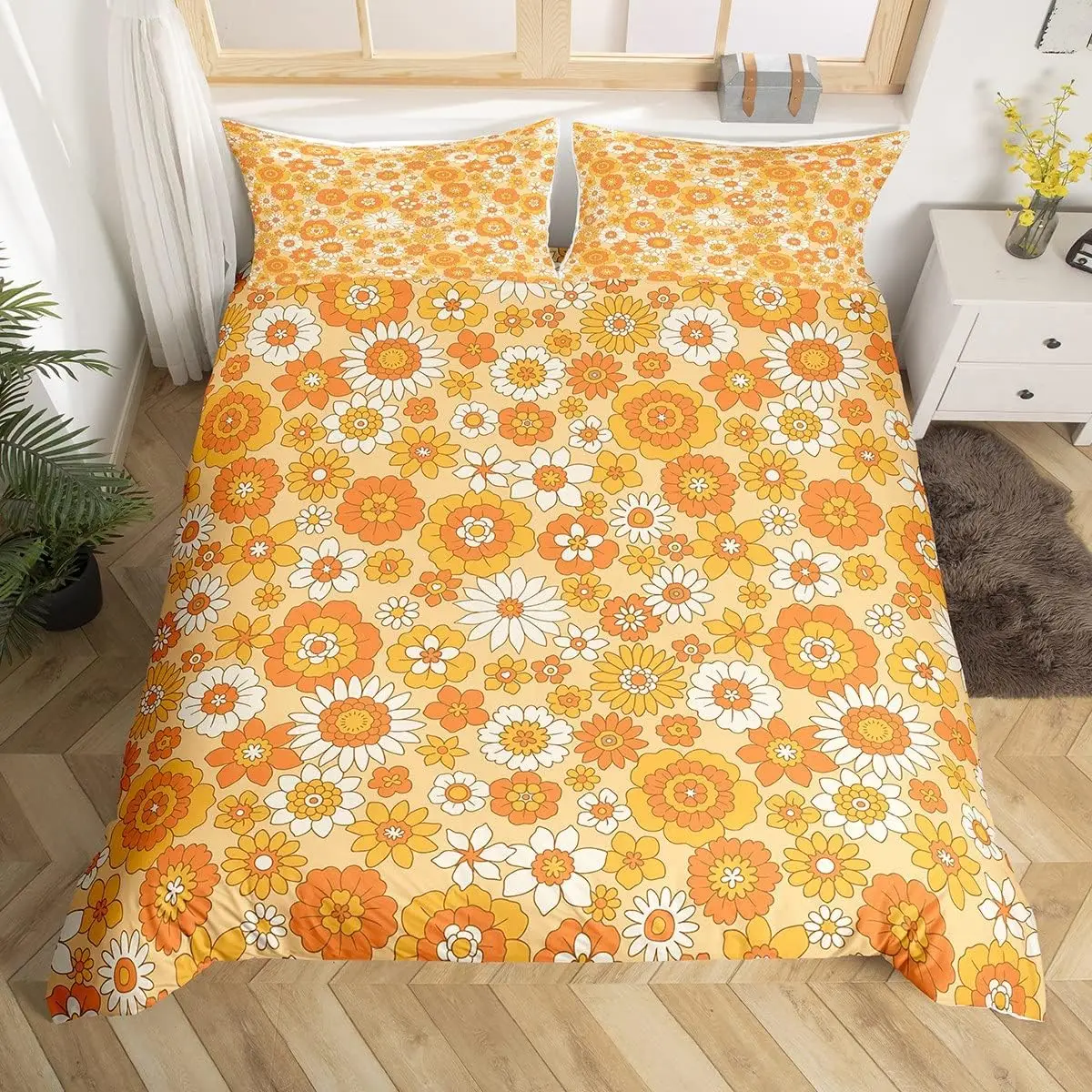 Retro Floral Bedding Set King Size Beige White Groovy Flowers Duvet Cover With 2 Pillowcases Colorful Hippie Vintage