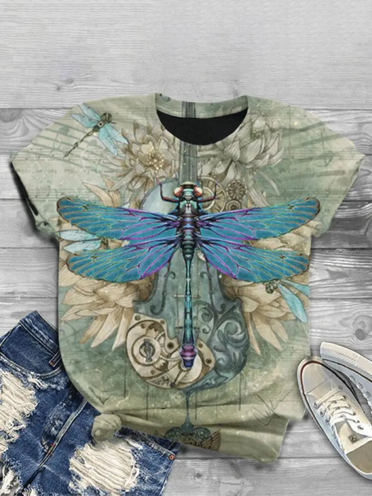 Butterfly Dragonfly Pattern 3D Print T-Shirts Women's Short Sleeves T Shirt Streetwear Y2k Harajuku Tees Tops Female Clothing