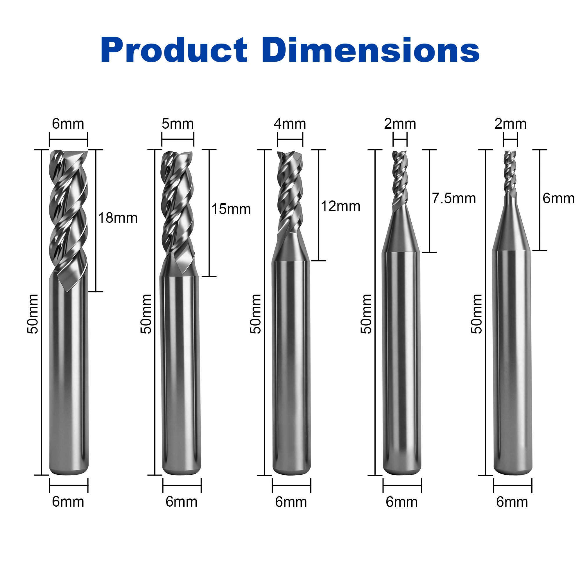 5pcs Shank 6mm Carbide 3-Flute Spiral End Milling 2-6mm CNC Milling Cutter Tools Router Bits For CNC TTC450 Pro Engraving Metal