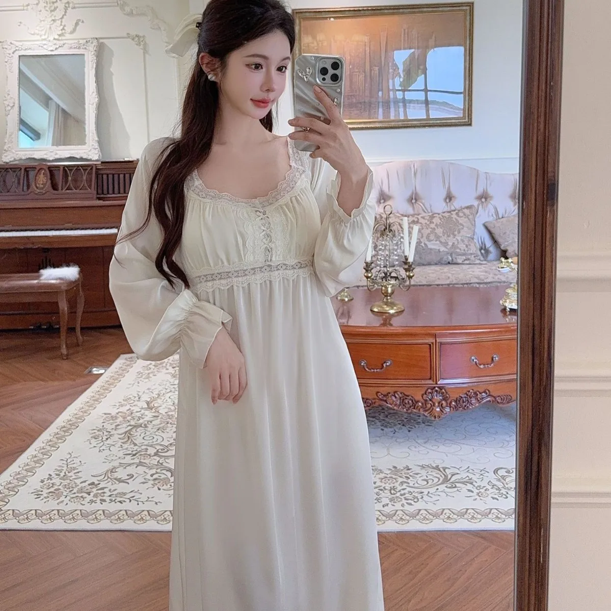 

Patchwork Lace Long Sleeve Nightgown Retro Palace Style Princess Nightdress Sleepwear Loose Casual Satin Loungewear