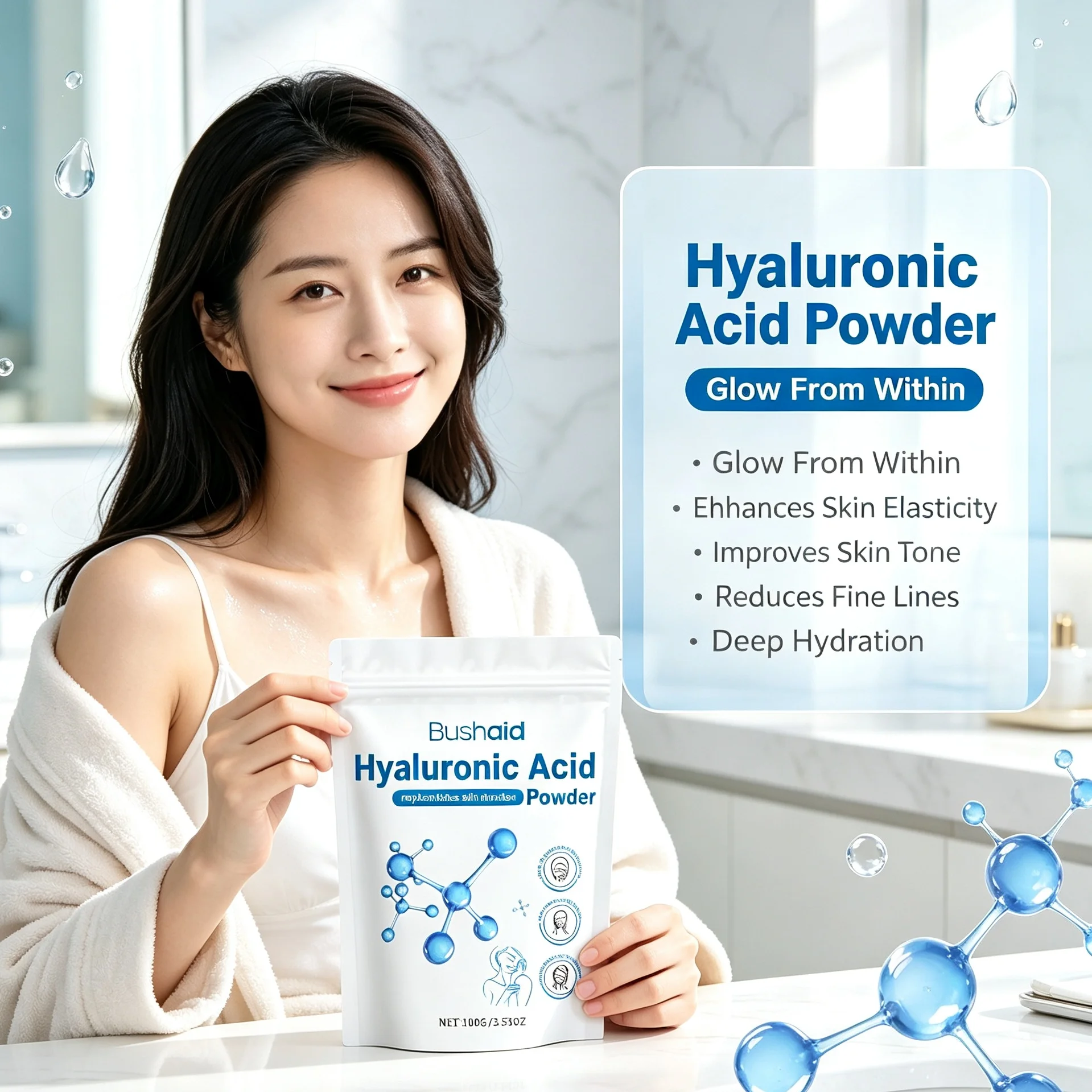 Beauty Collagen Hyaluronic Acid Powder, Improve Skin Elasticity Bright Skin Tone Anti‑Fine‑Line Supplement