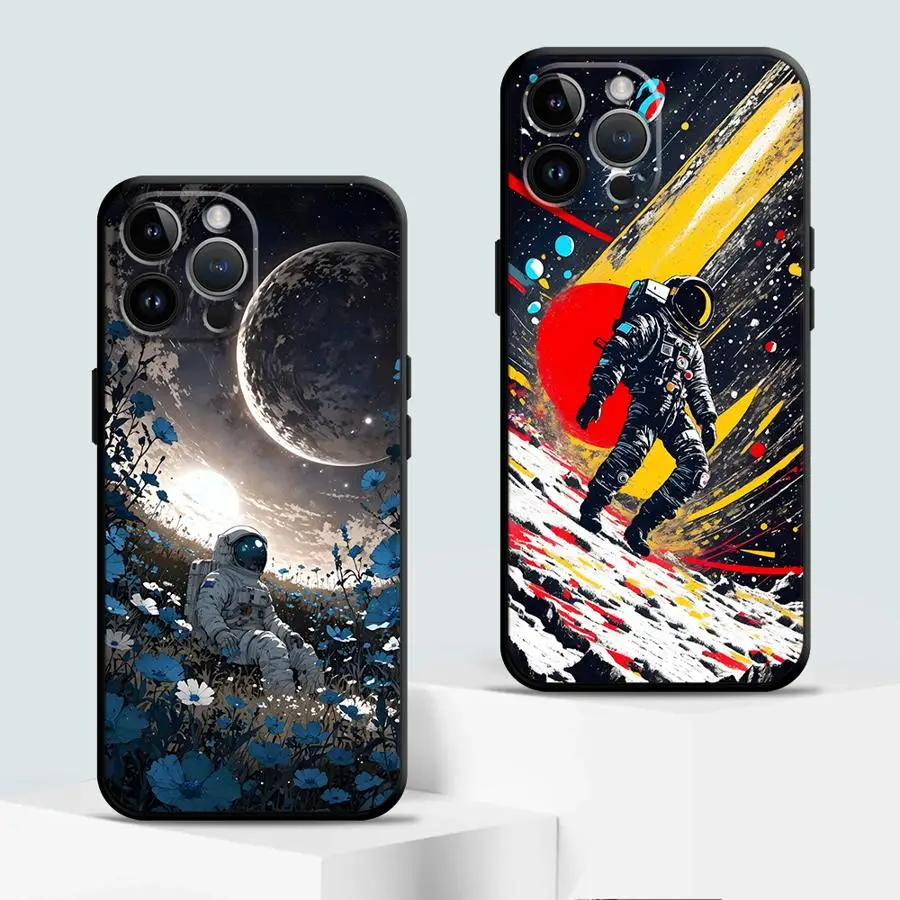 حافظة لهاتف آيفون 17 اير 13 12 11 17 برو ماكس 7 8 XR 15 16 14 Plus XS Max غطاء هاتف ناعم أسود كارتون جالاكسي رائد الفضاء #2