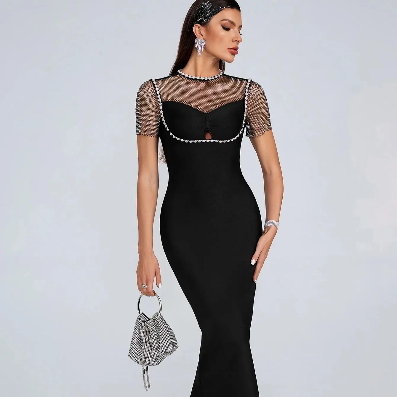 Fashion European And American Celebrity Clothing Sexy Slim Black Short-sleeved Mesh Diamond-encrusted Bandage Dress Chic Wear