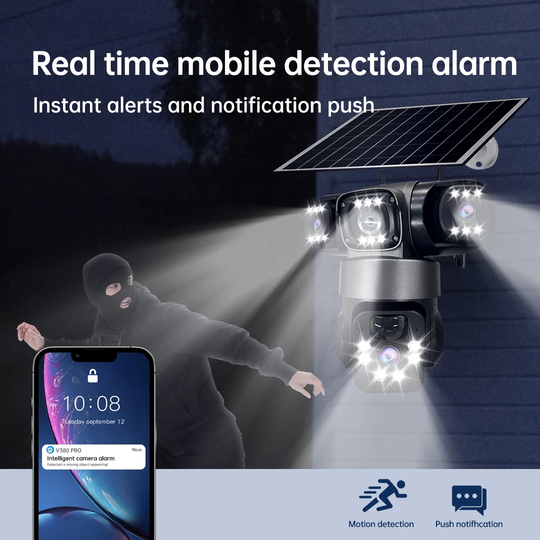 V380 15MP 4G SIM Solar Camera Outdoor Triple Lens Three Screen Two-Way Audio Auto Tracking Security Camera CCTV PTZ Surveillance