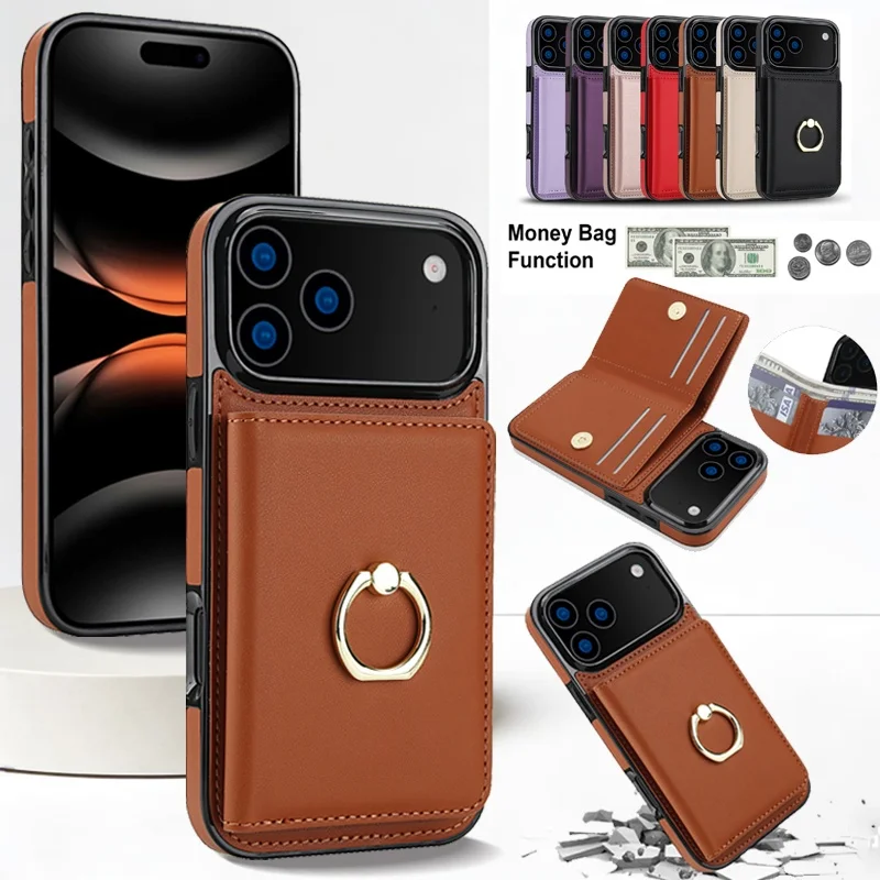

Ring Leather Wallet Phone Case for iPhone 17 Air 16 Pro Max 17E 16E 15 Plus 14 13 12 11 Card Holder Cover Hoesje Coque Funda Bag
